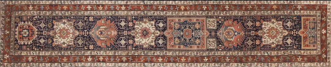 Antique blue tribal geometric wool pile northwest persian runner rug