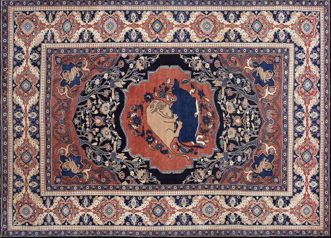 Artistic animal hunting scene room size antique persian khorassan late 19th century rug