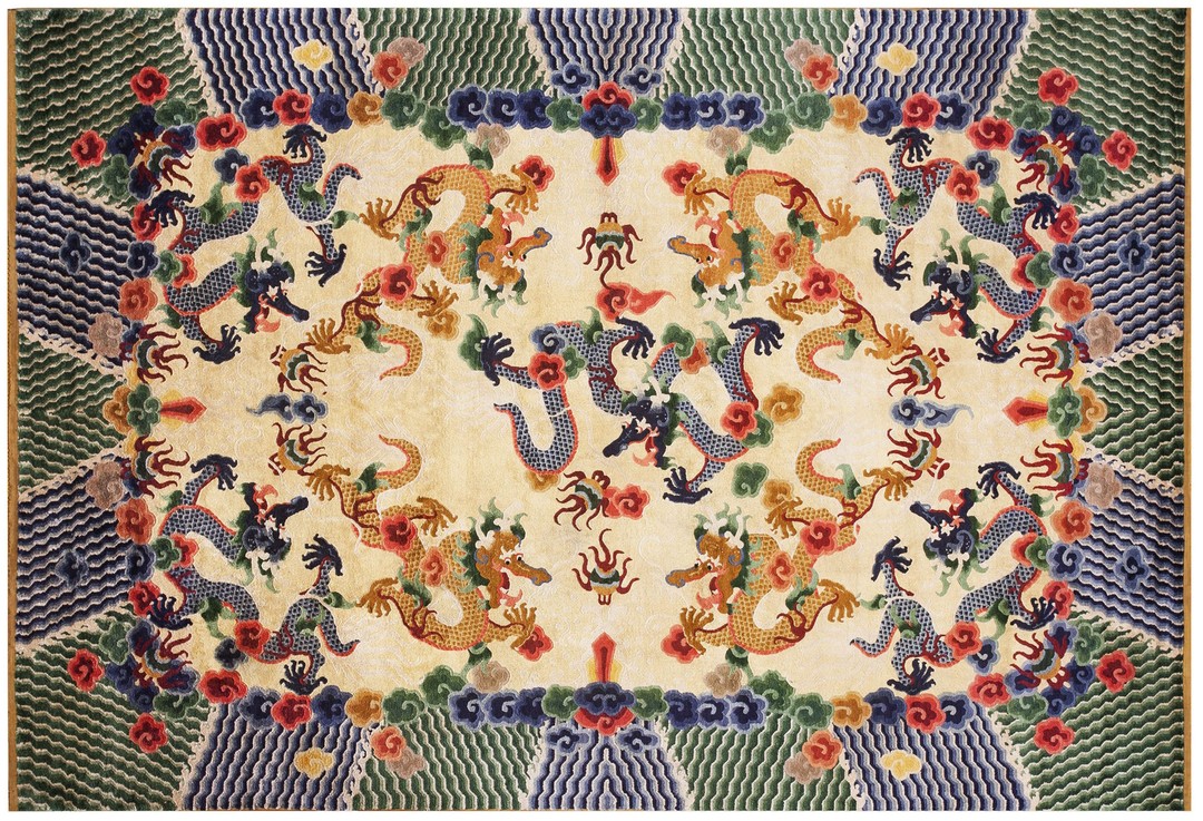 Magnificently artistic antique dragon chinese design fine silk rug