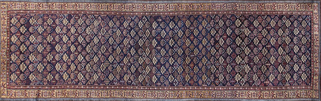 Mid 19th century tribal long and narrow antique nw persian blue kurdish gallery rug