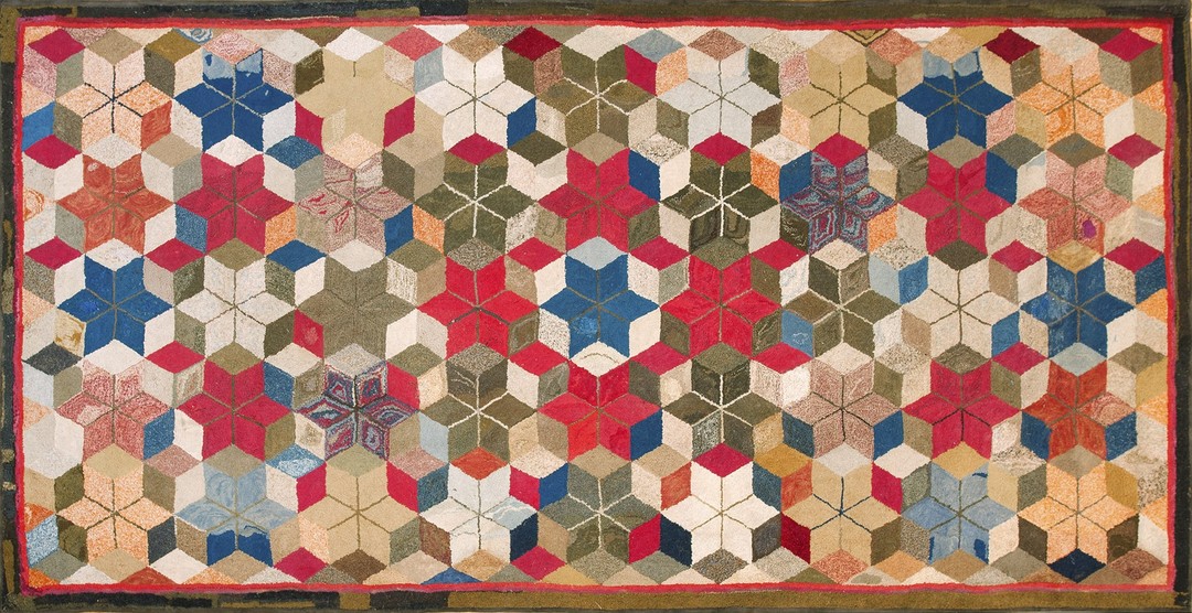 Antique allover geometric wool & cotton hooked - loop pile multicolor jewel tones 1900s rug