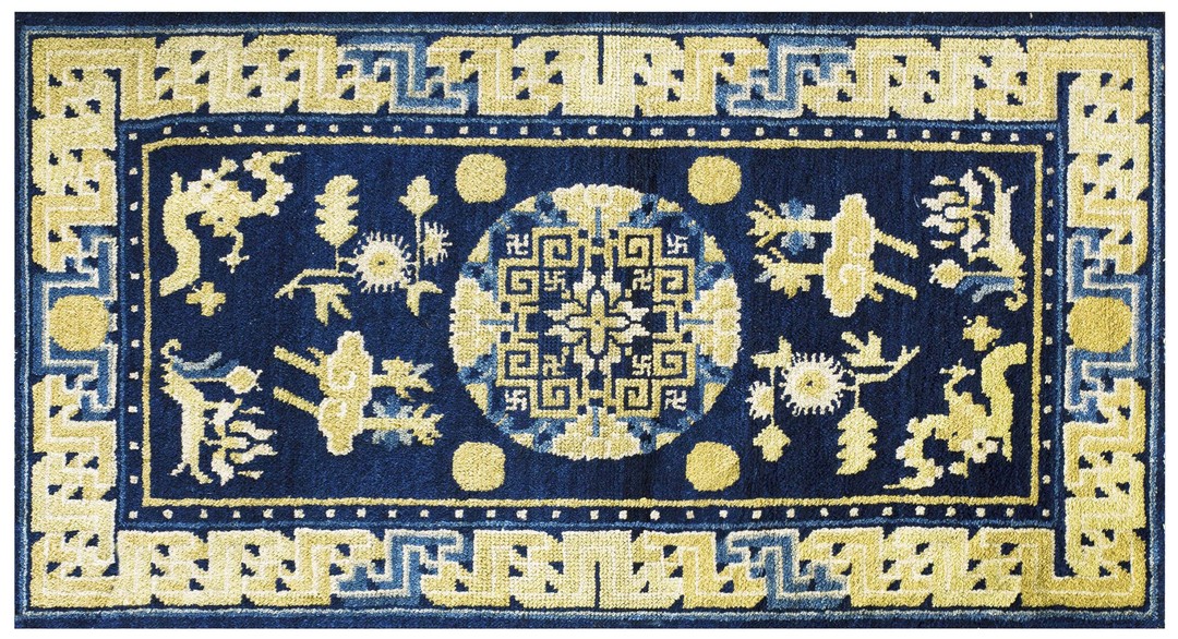 Small antique late 19th century blue chinese ningxia scatter rug