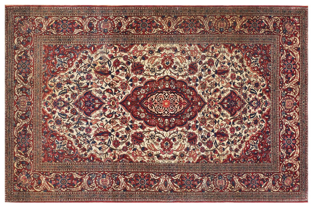 Classic traditional antique floral medallion design persian isfahan small scatter size ivory rug