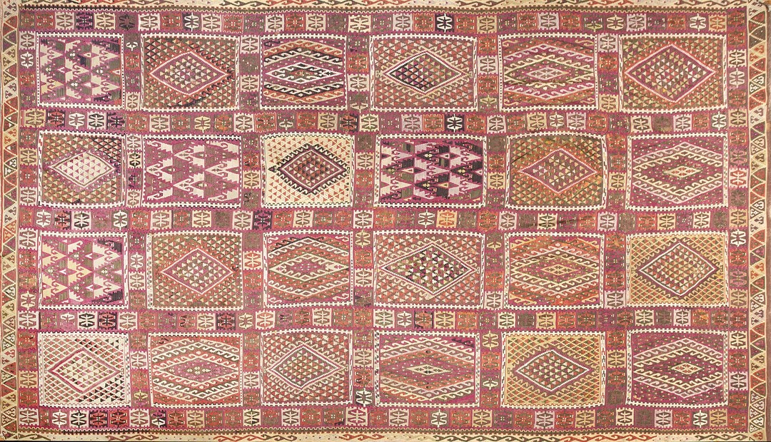 Large room size antique flat woven tribal geometric turkish kilim rug