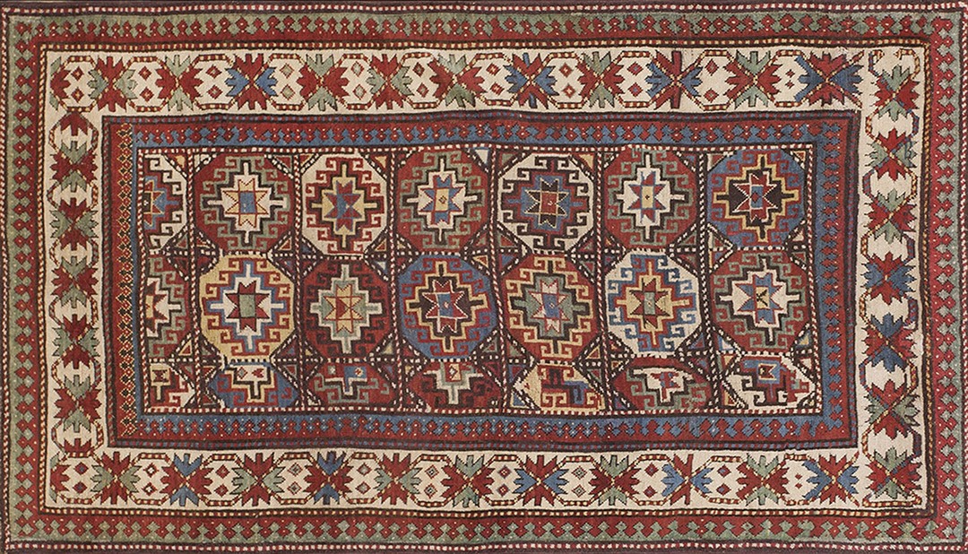 Colorful tribal crab border antique colorful caucasian moghan rug
