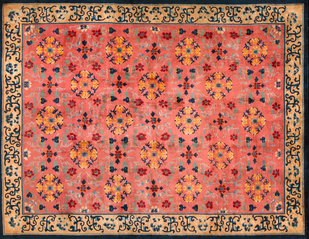 Antique chinese wool pile room size floral pomegranate design pink art deco rug