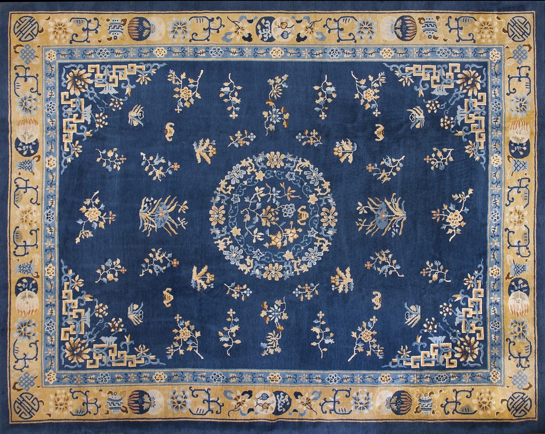 Antique chinese room size blue color peking wool pile rug