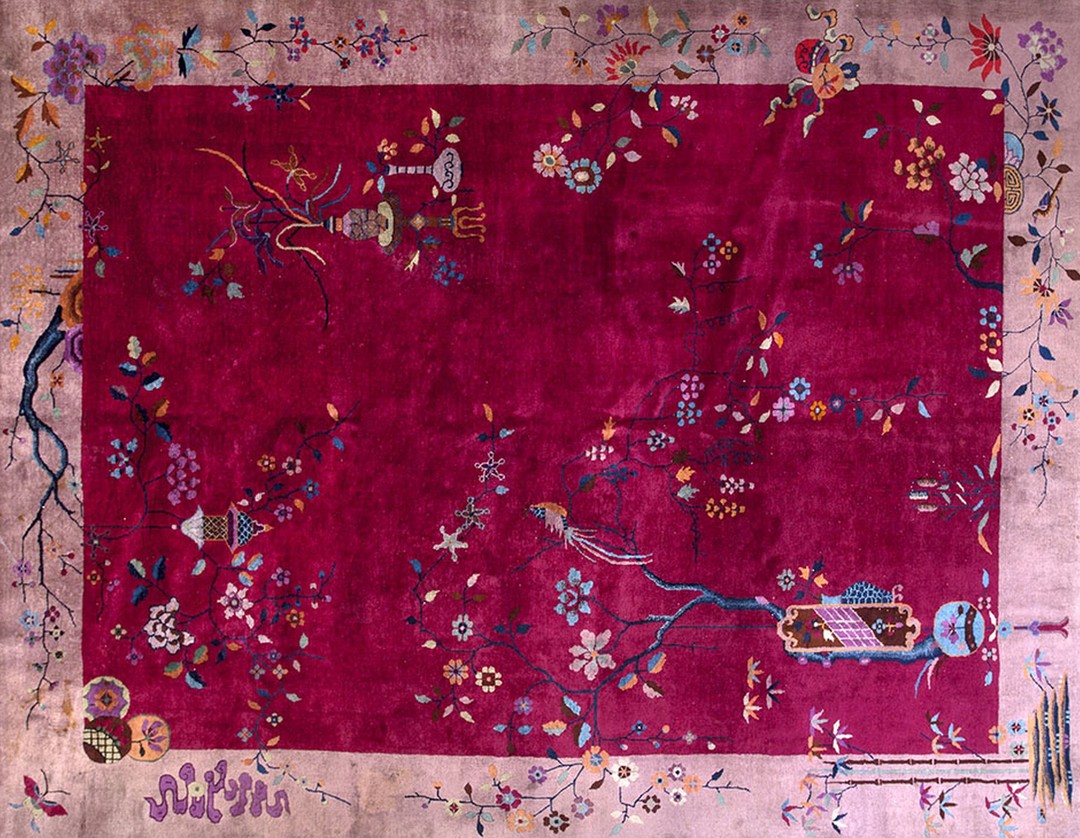 Rectangle 1920s chinese art deco wool knotted coral room size antique rug