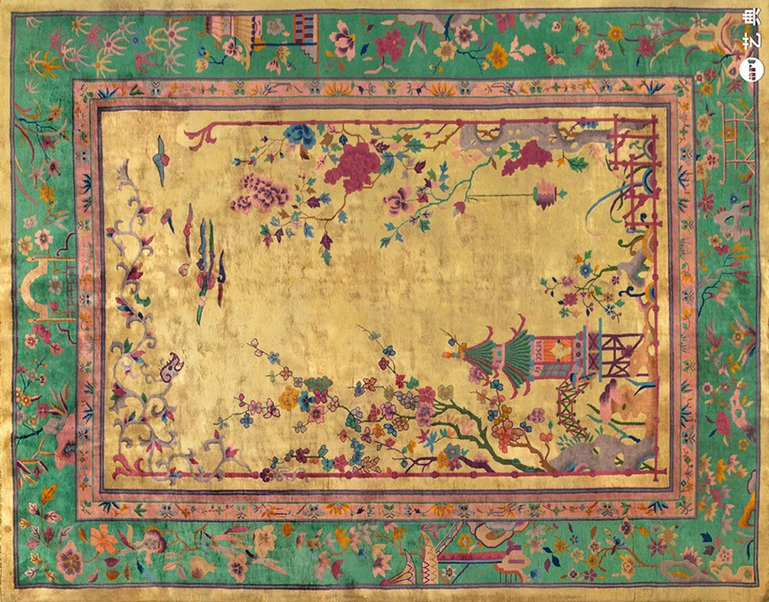 Scenic antique yellow open field room size chinese art deco wool rug