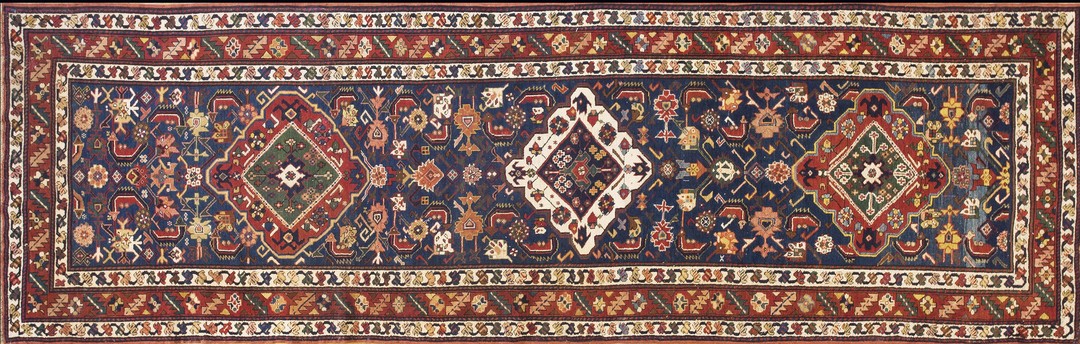 Antique blue tribal caucasian shirvan hallway runner knotted rug