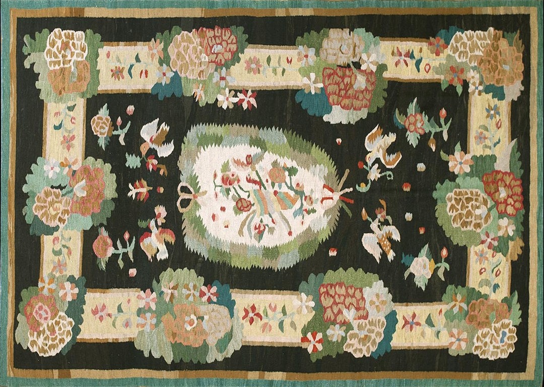 Antique romanian flat woven floral bird pattern bessarabian kilim rug