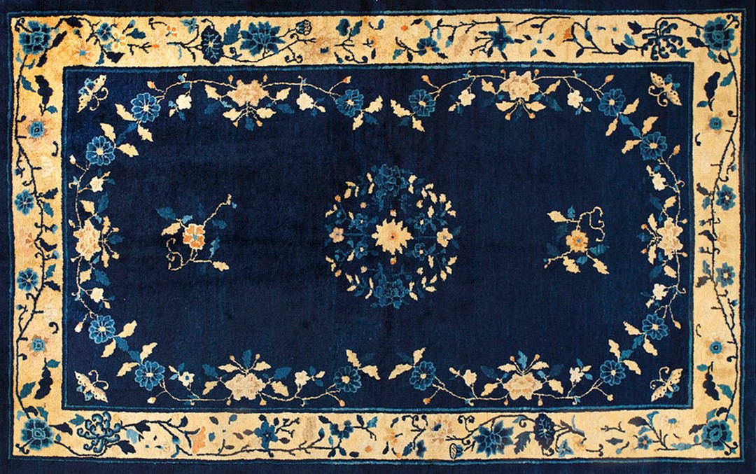 Floral inlay pattern early 20th century antique small navy blue chinese peking rug