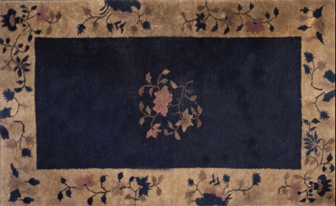 1920s chinese - art deco knotted antique small scatter size blue rectangle wool rug