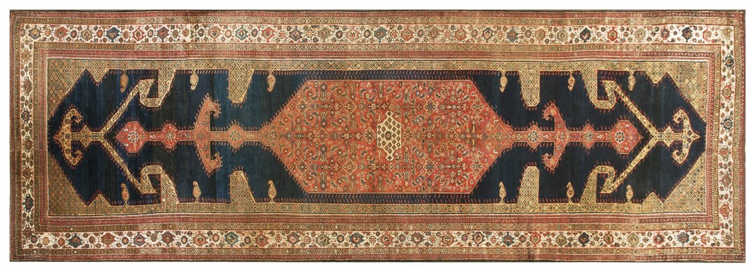 Rustic tribal antique persian malayer wide long and narrow gallery size rug