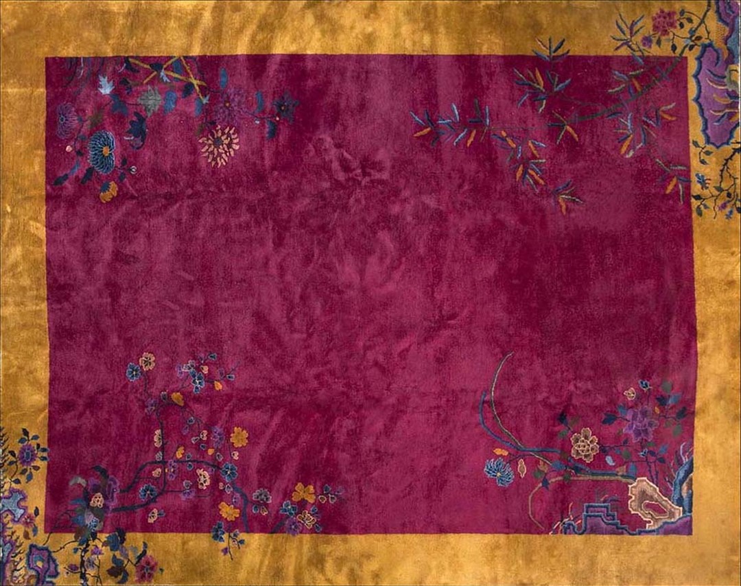Chinese 1920s purple wool knotted - art deco room size rectangle antique rug