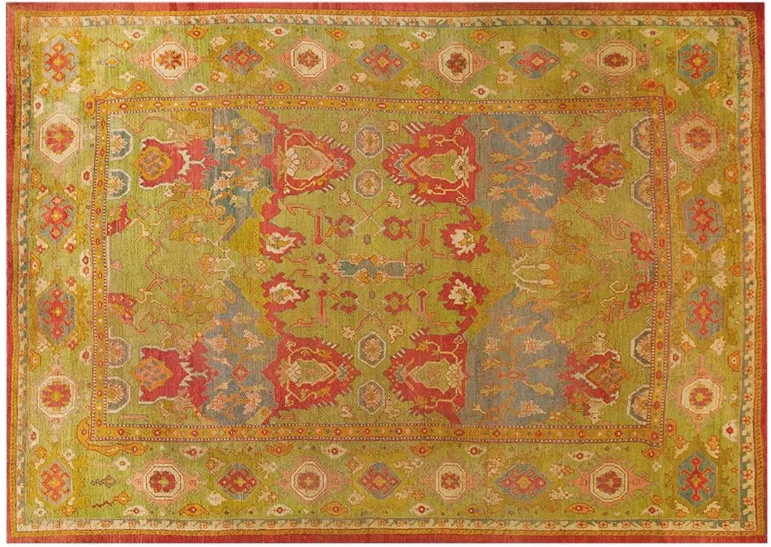 Primitive tribal large scale arts and crafts design antique green turkish oushak rug