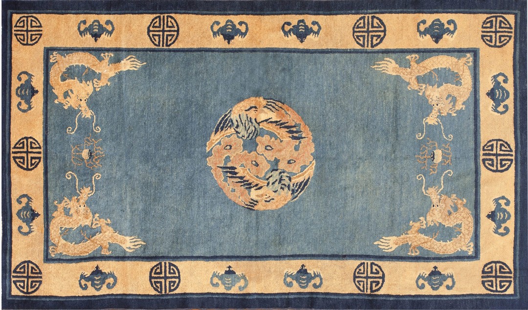 Chinese antique - peking 1890s blue rectangle knotted wool small scatter size rug