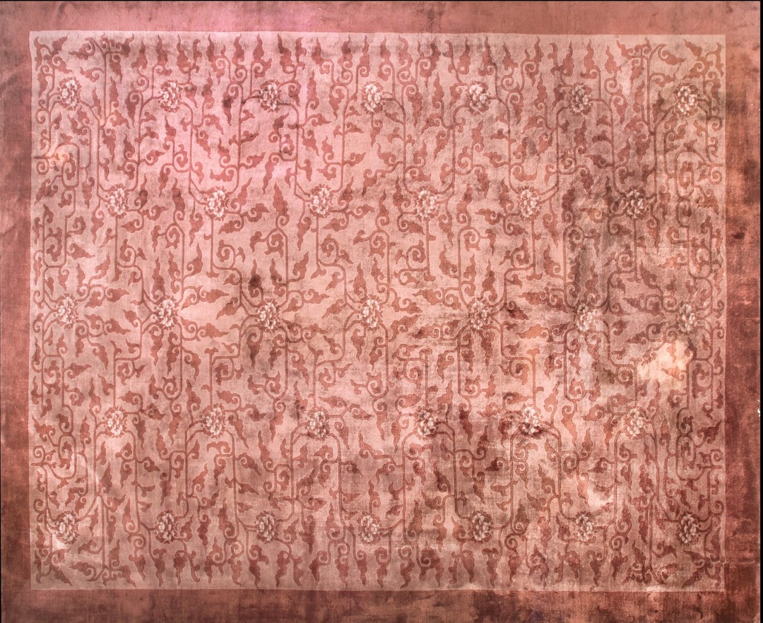 Antique allover floral wool hand knotted pile purple / lavender mauve 1930s rug