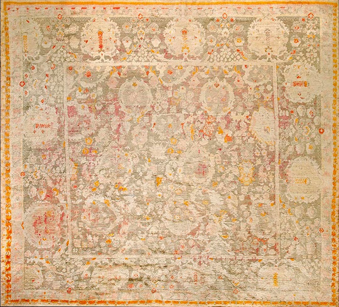 Rare magnificent light gray color square antique allover large scale design turkish agora oushak rug