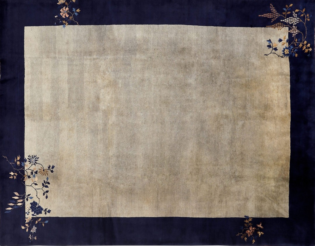 Solid open ivory gray color field antique chinese peking room size rug