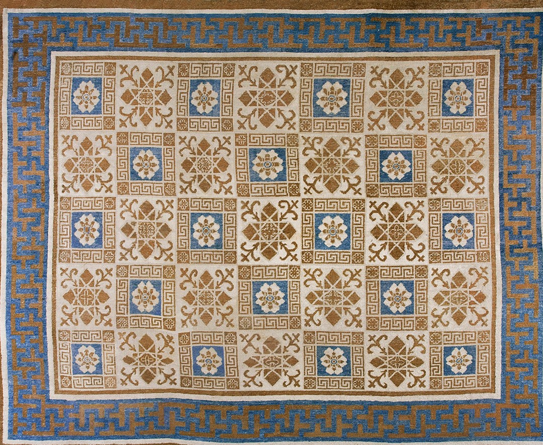 Antique mongolian chinese allover geometric knotted rug