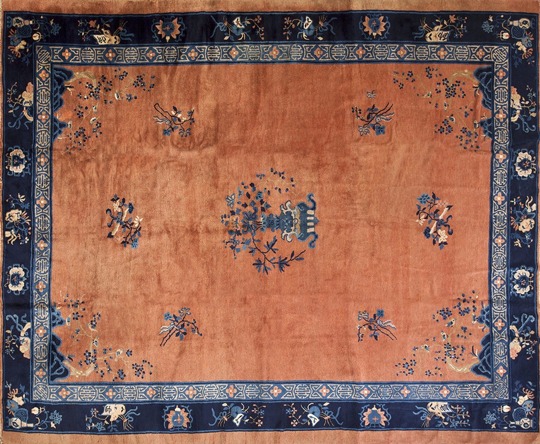 Antique peking chinese floral medallion wool hand knotted pile 1900s rug