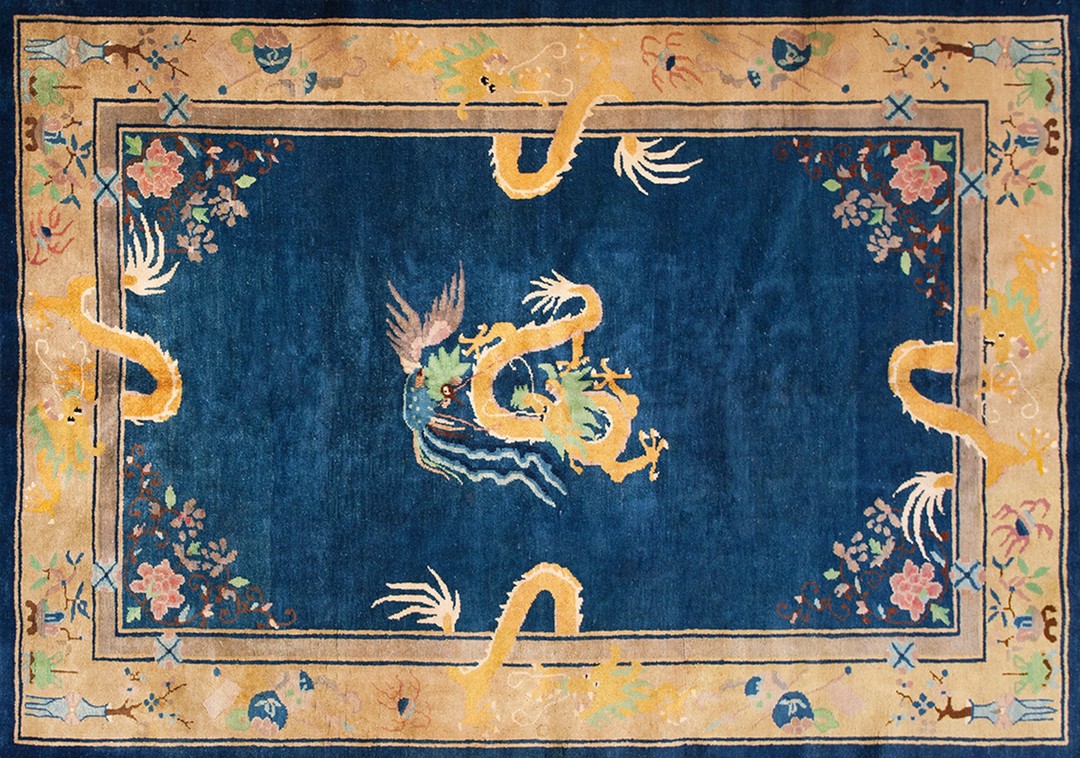 Blue background antique art deco chinese dragon design area rug
