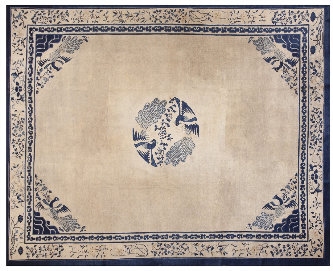 Antique peking chinese medallion beige 1890s rug