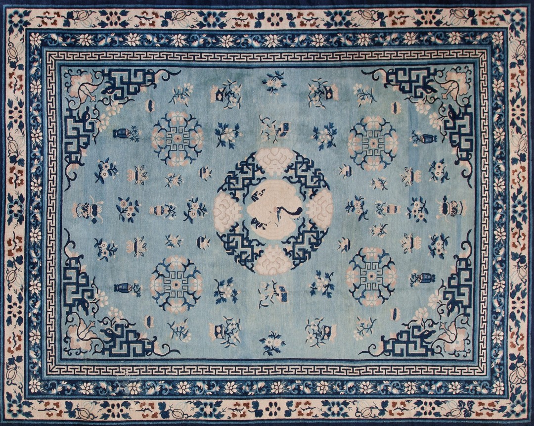 Antique sky blue color chinese white crane cloud band floral medallion peking rug