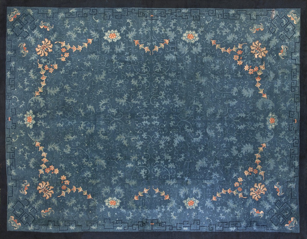 Room size blue chinese knotted 1890s antique wool rectangle - peking rug