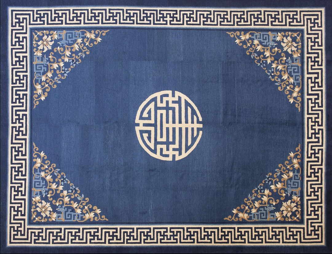 Knotted chinese rectangle antique wool - peking room size blue 1900s rug