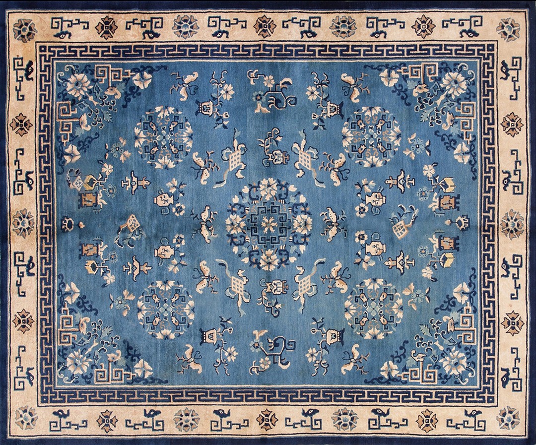 Blue floral medallion hand knotted pile rectangle wool antique 1920s rug