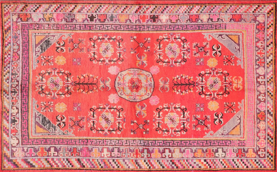 Antique east turkestan rustic pomegranate design wool hand knotted pile 1920s khotan rug