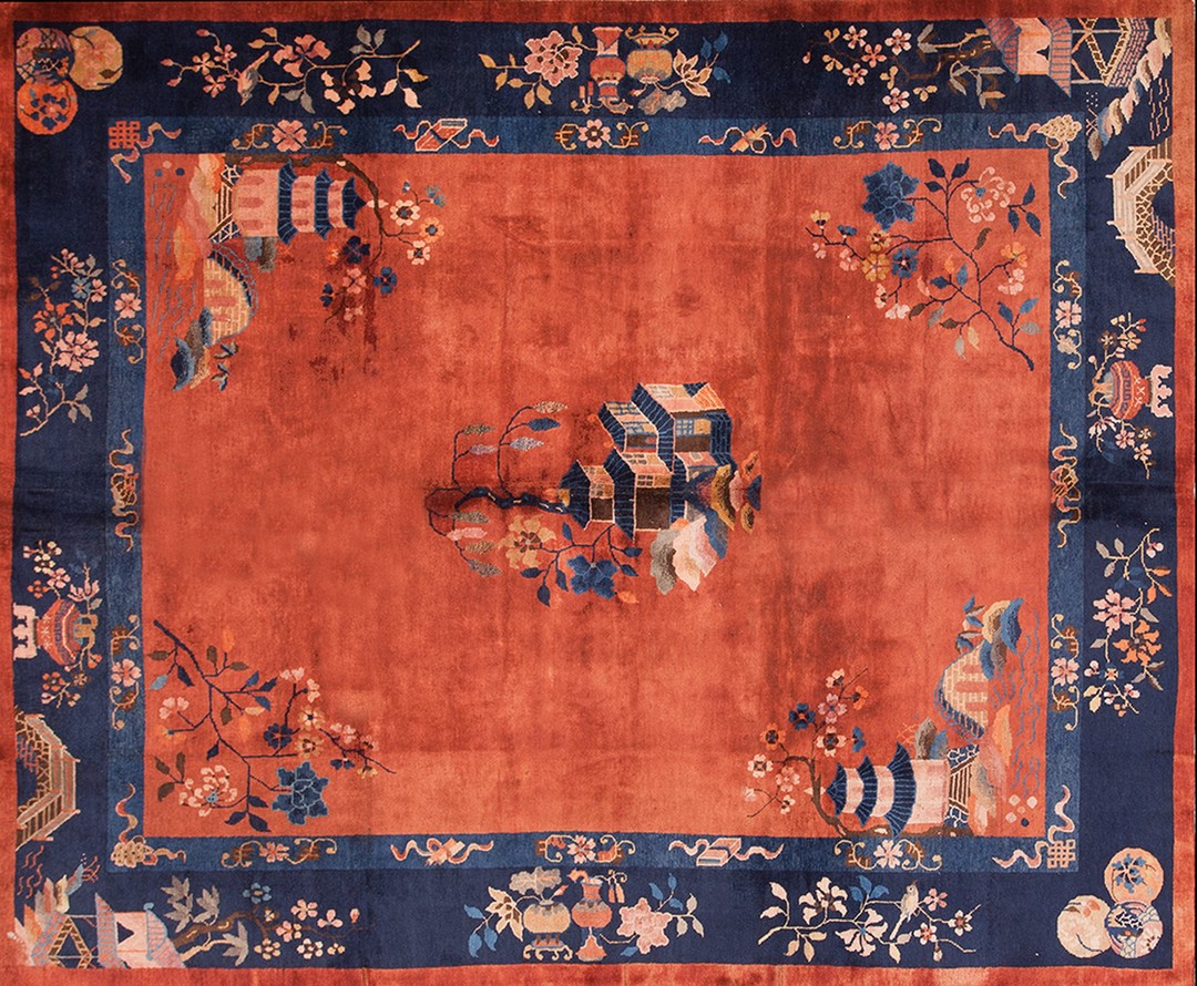 Antique chinese art deco wool hand knotted pile medallion rug