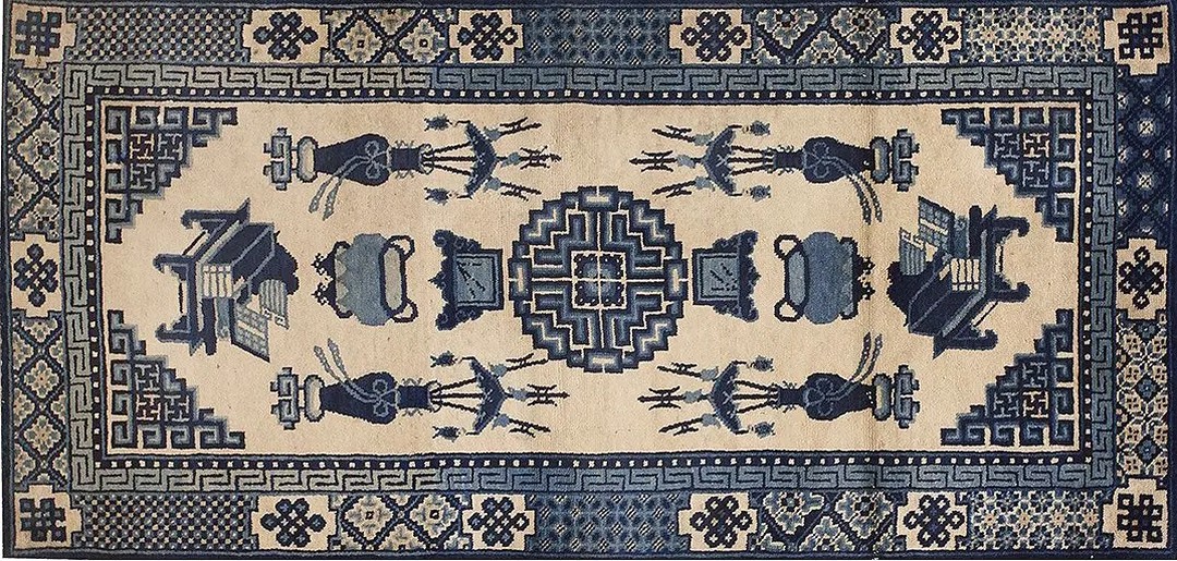 Small scatter size antique ivory chinese geometric medallion baotou rug