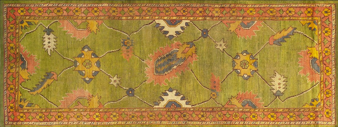 Large scale arts and crafts design antique green color turkish oushak long and narrow rug