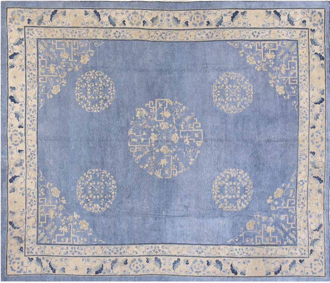 Luxurious silk pile light blue antique silk chinese room size rug