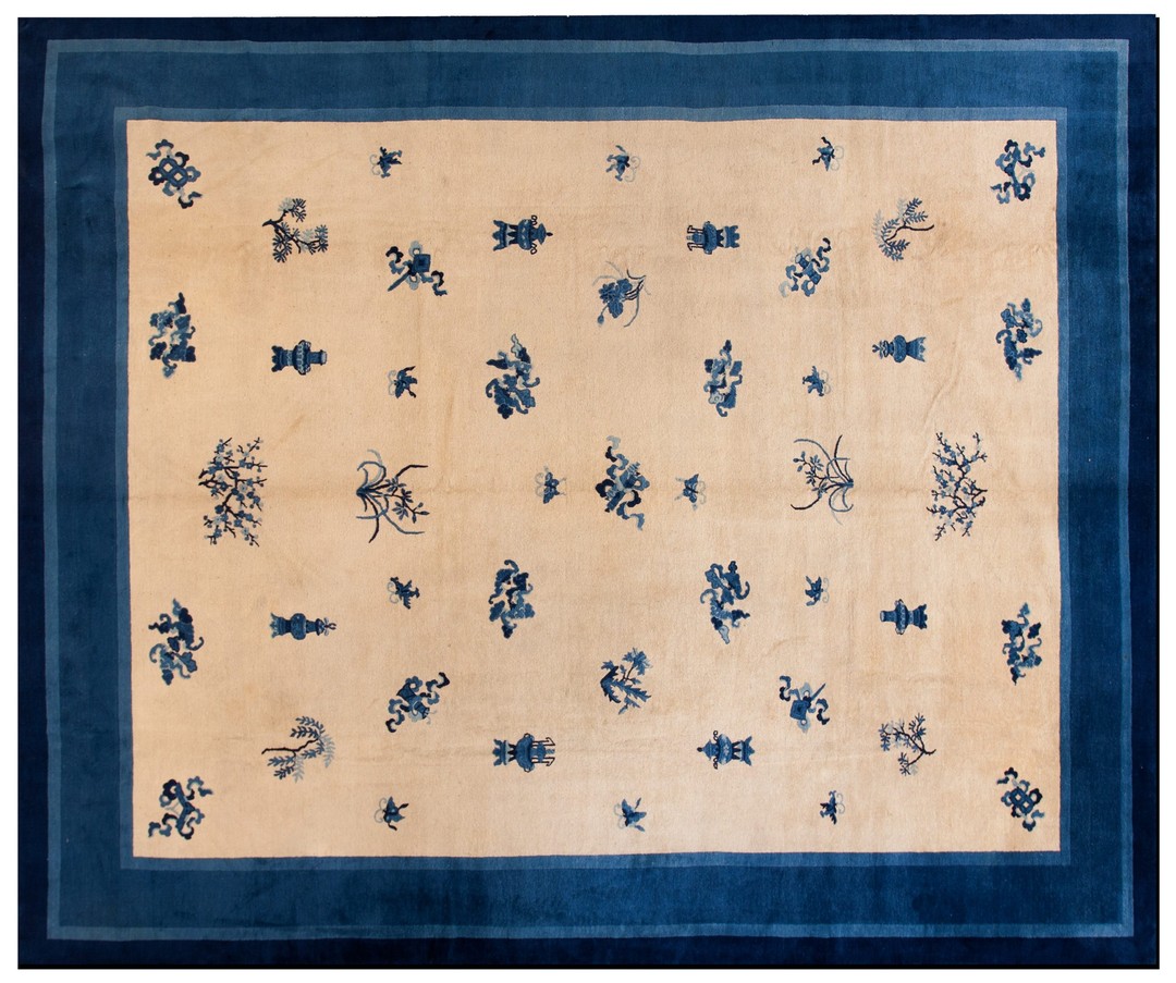 Ivory color antique late 19th century room size floral chinese peking carpet