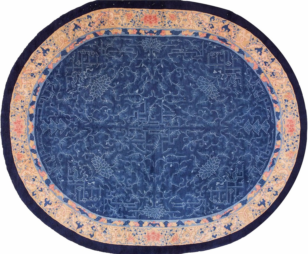 Antique blue chinese dragon cloud band design round oval shape peking rug