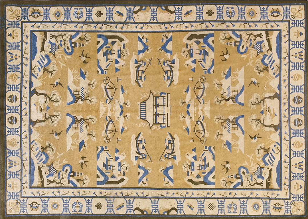 Antique yellow artistic scenic chinese fishing village design ningxia rug