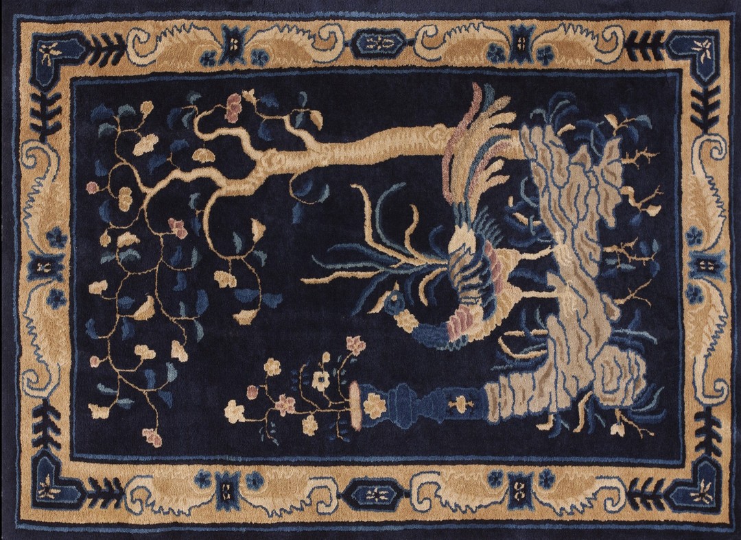 Small blue chinese artistic graceful bird of paradise pattern peking rug