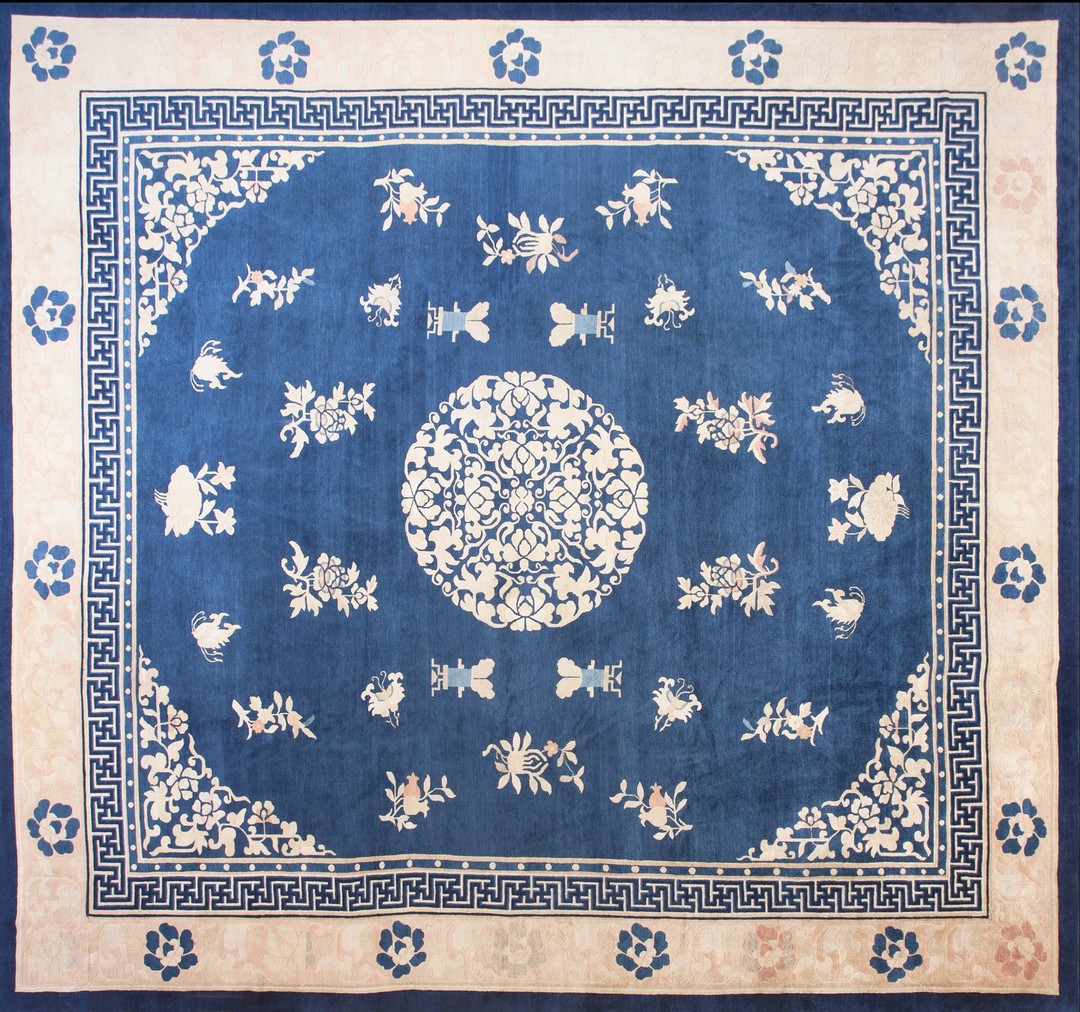 Large rectangle 1880s blue wool floral medallion antique hand knotted pile rug