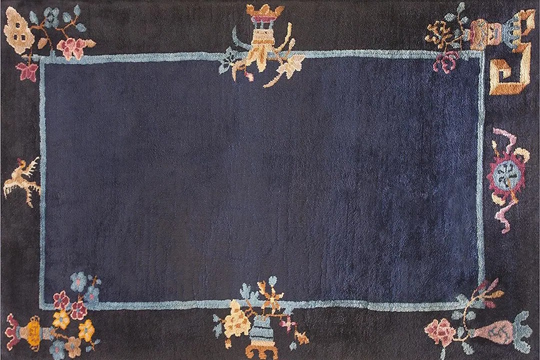 Minimalist open solid blue color field antique chinese art deco scatter size rug