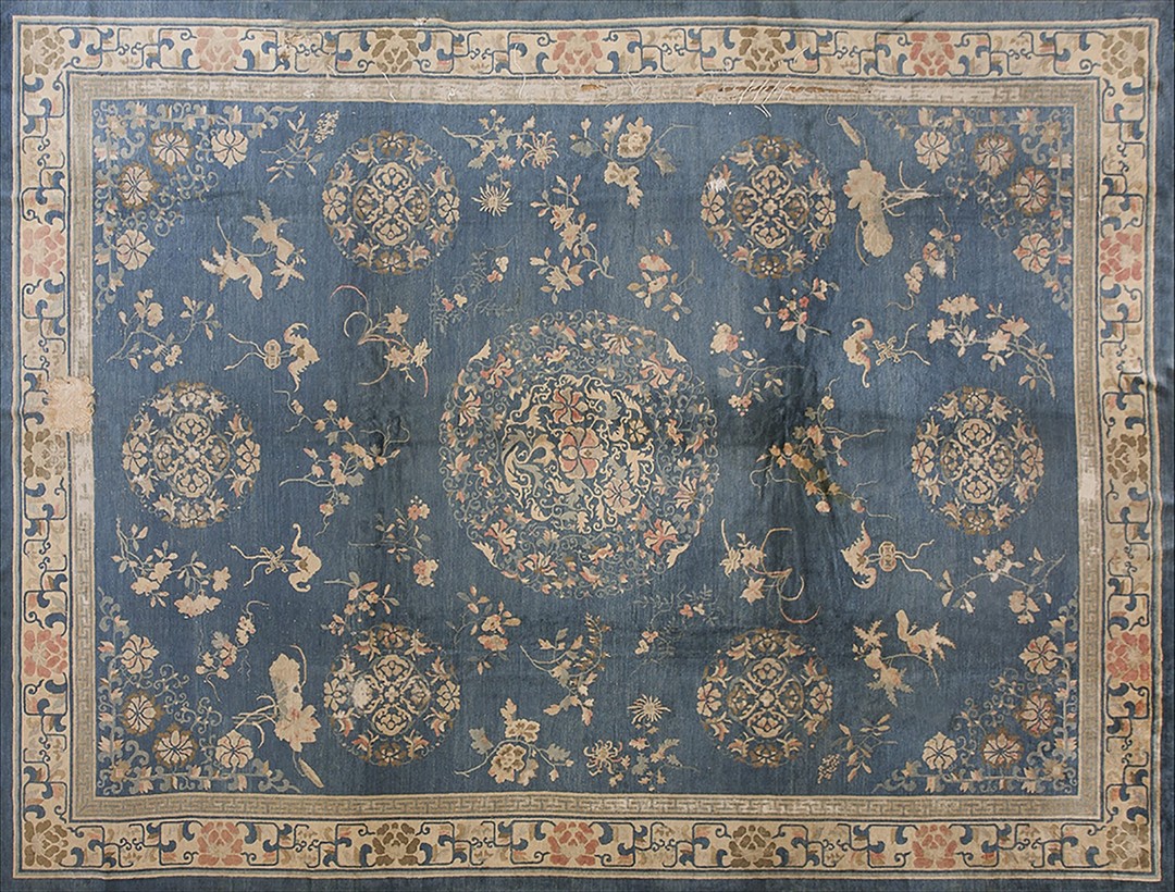 1920s blue wool hand knotted pile rectangle antique rug