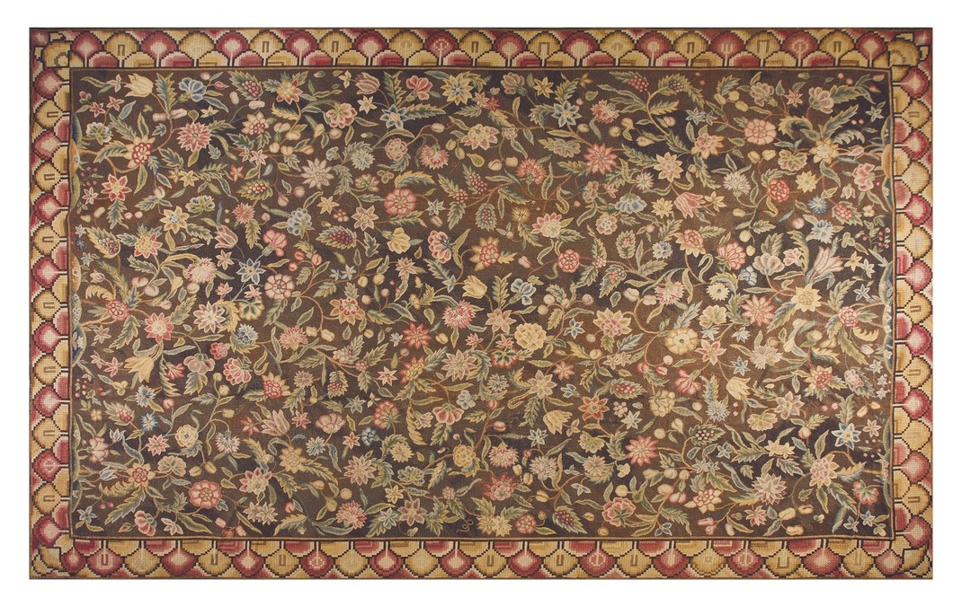 Antique large needlepoint english allover floral flat weave rug