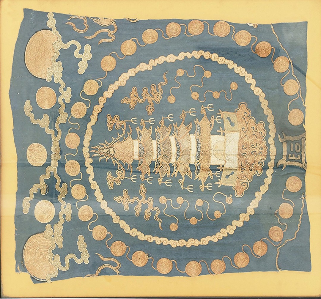 Antique chinese scenic architectural textile art