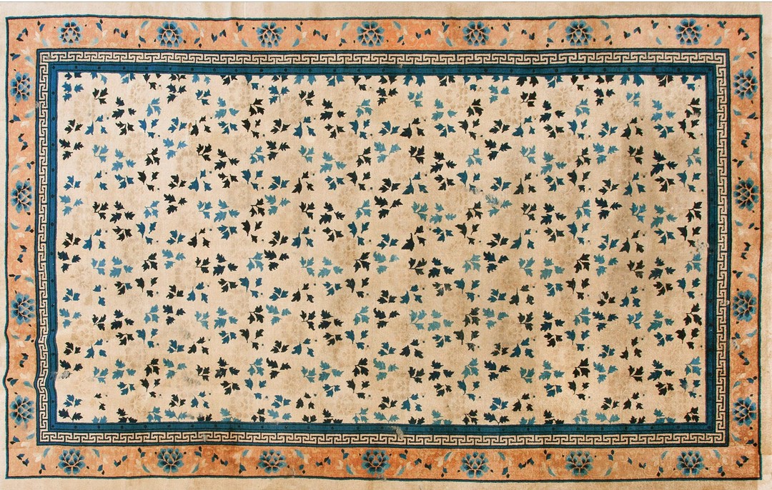 Antique peking chinese allover floral ivory 1930s rug