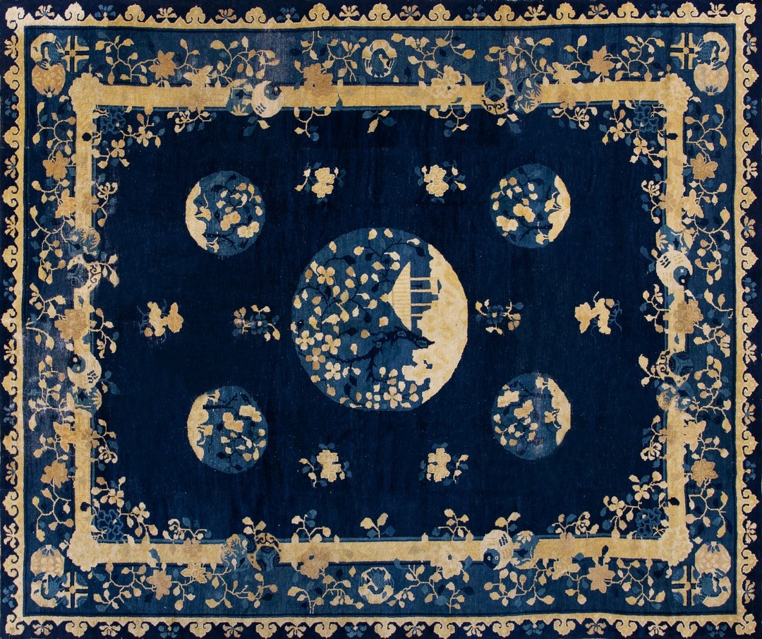 Blue 1920s hand knotted pile rectangle wool antique rug