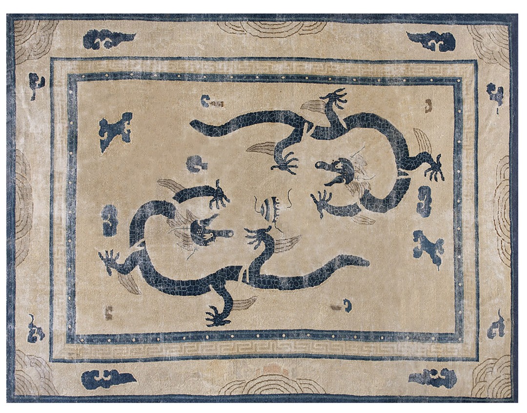 Antique ningxia chinese allover ivory color 1880s dragon design rug