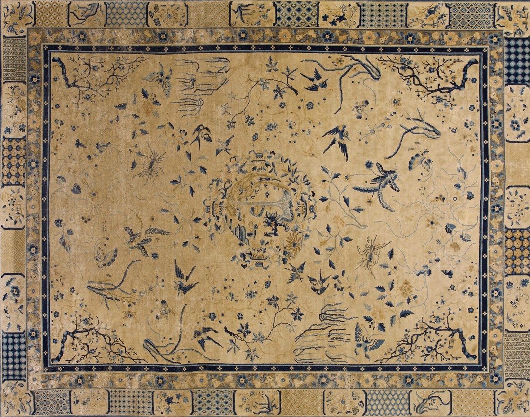 Ivory antique chinese floral dragon medallion design room size peking rug